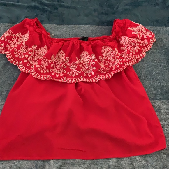 Red & white embroidered off the shoulder top - Picture 3 of 3